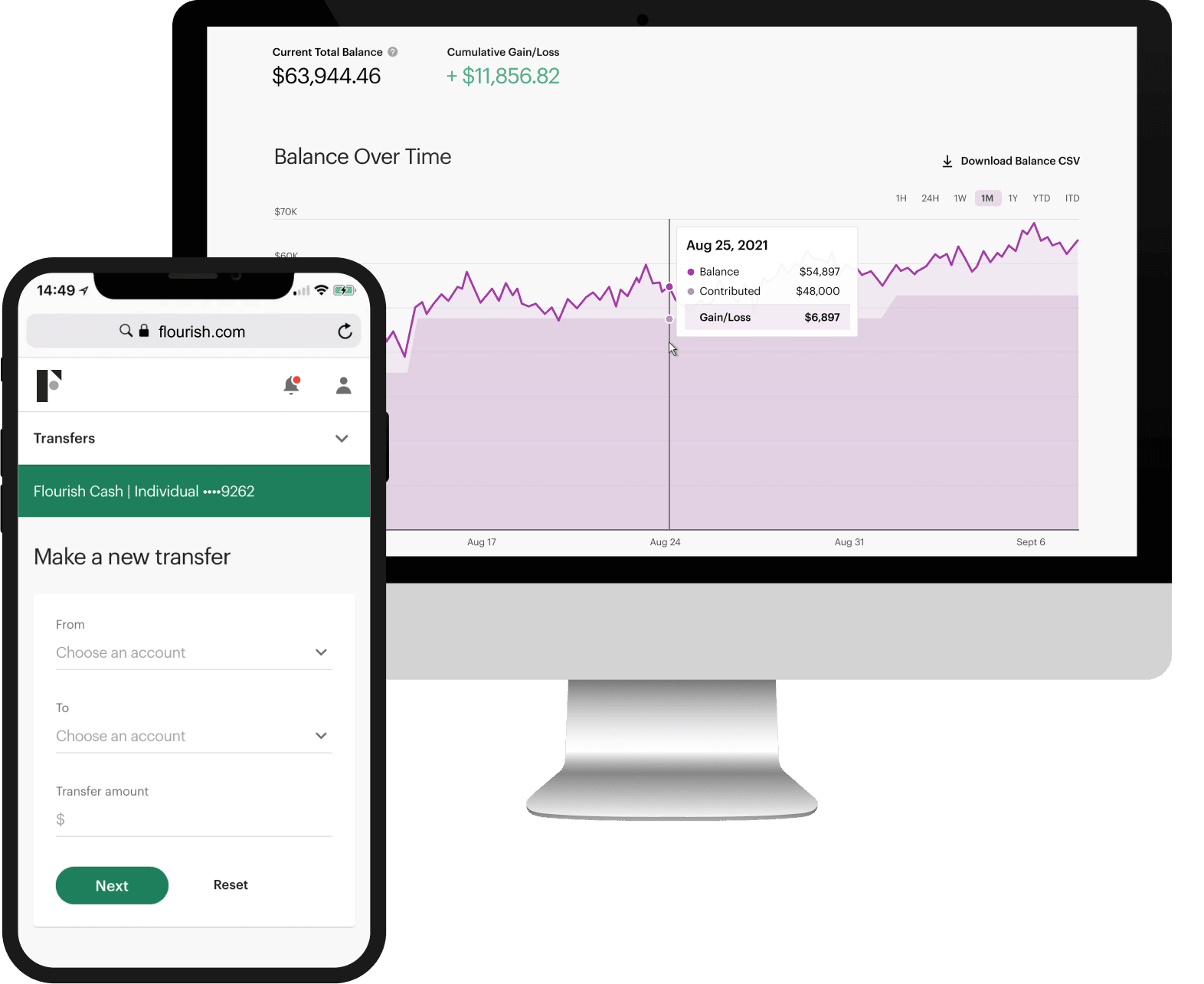 Screenshots of Flourish Cash on a Phone and Flourish Crypto on a Desktop
