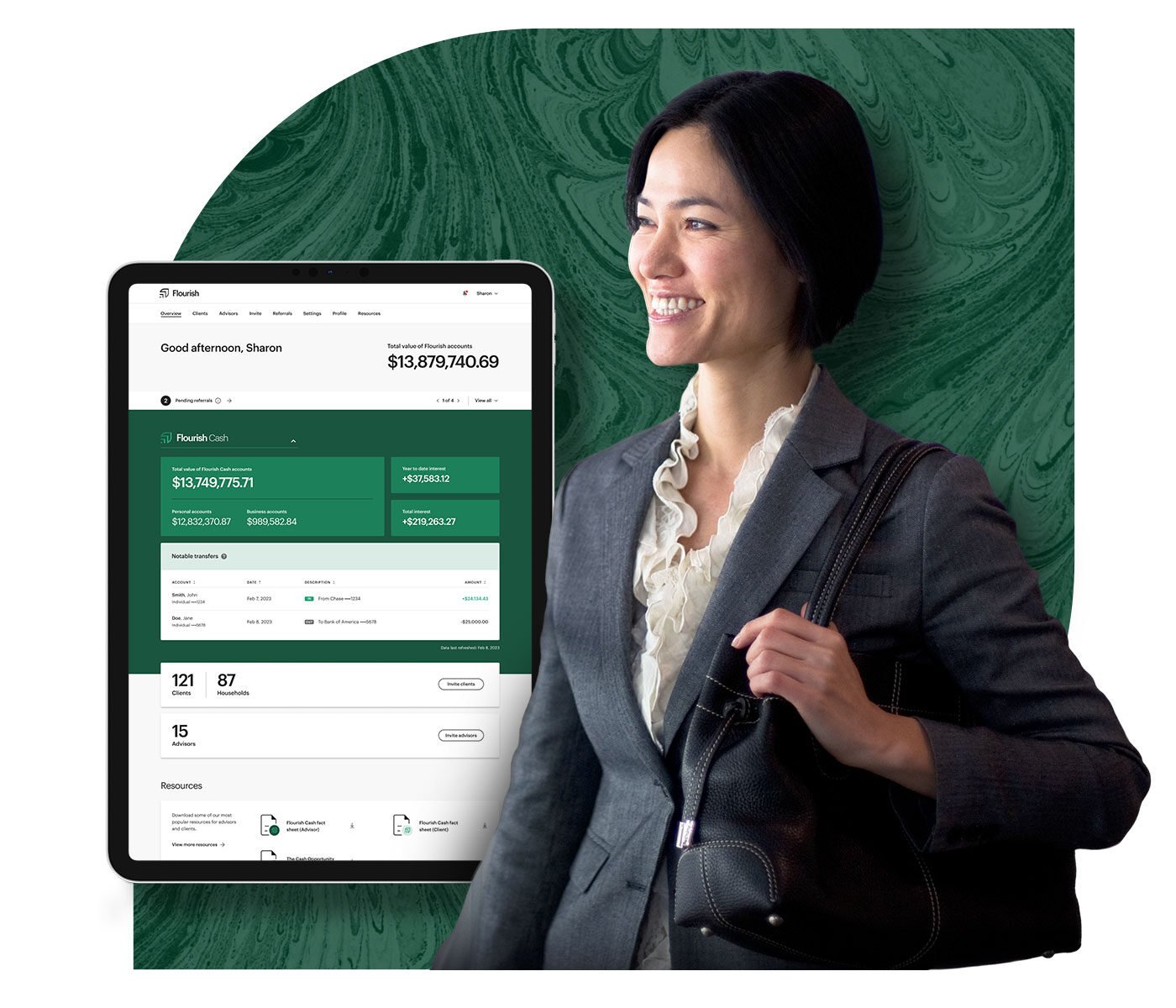 Advisor with Flourish Cash displayed on a tablet Advisor with Flourish Cash displayed on a tablet